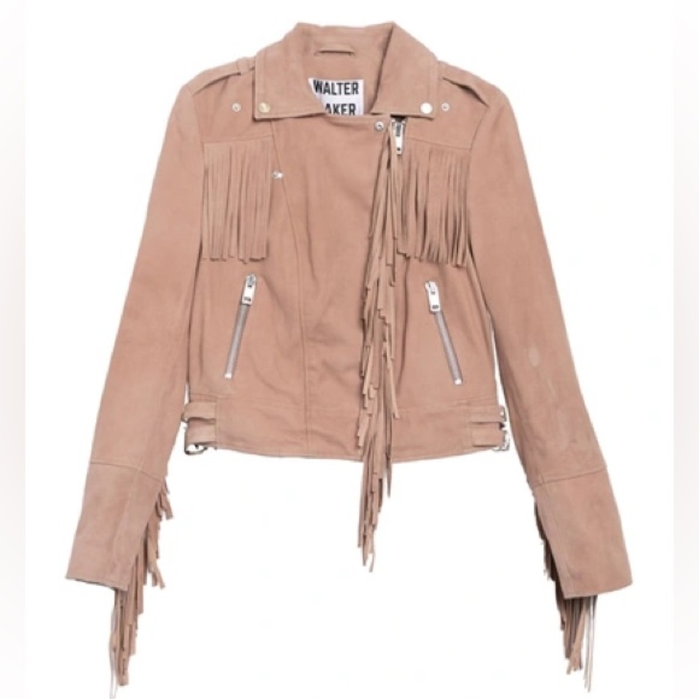 Walter Baker Leather Fringe Moto Jacket in Tan
